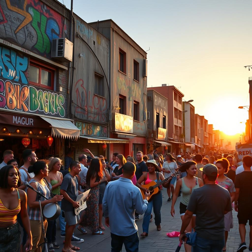 A vibrant and dynamic street scene bustling with life, showcasing diverse urban elements such as colorful graffiti-covered walls, lively street vendors, and a variety of people from different cultures interacting
