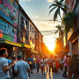 A vibrant and dynamic street scene bustling with life, showcasing diverse urban elements such as colorful graffiti-covered walls, lively street vendors, and a variety of people from different cultures interacting