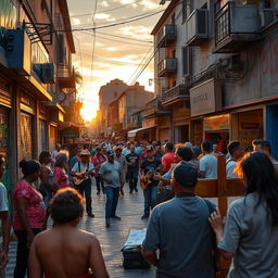 A vibrant and dynamic street scene bustling with life, showcasing diverse urban elements such as colorful graffiti-covered walls, lively street vendors, and a variety of people from different cultures interacting