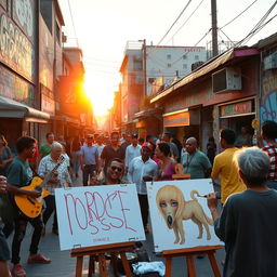 A vibrant and dynamic street scene bustling with life, showcasing diverse urban elements such as colorful graffiti-covered walls, lively street vendors, and a variety of people from different cultures interacting