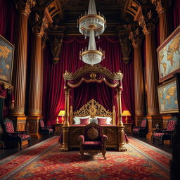A grand king's chamber with rich, opulent decor