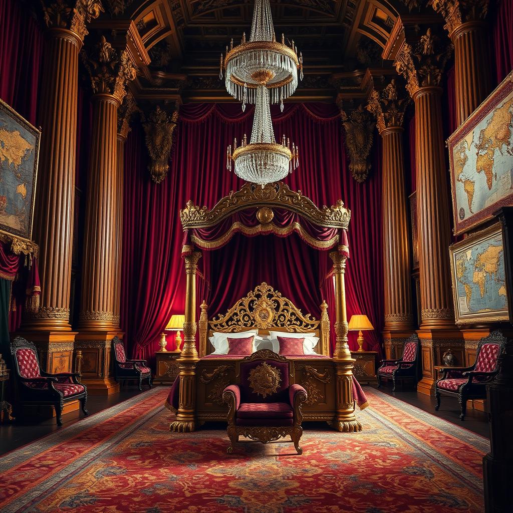 A grand king's chamber with rich, opulent decor