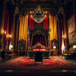 A grand king's chamber with rich, opulent decor