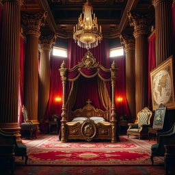 A grand king's chamber with rich, opulent decor