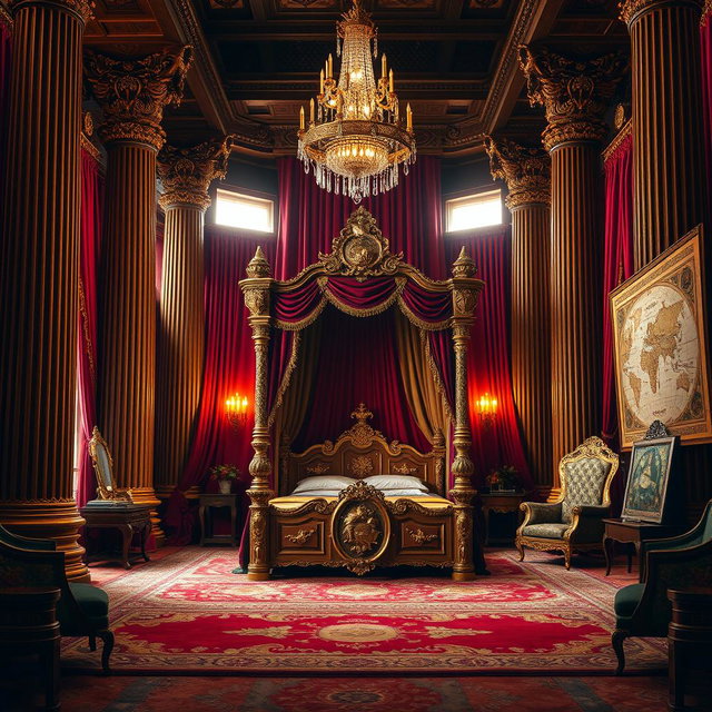 A grand king's chamber with rich, opulent decor