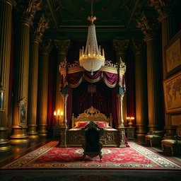 A grand king's chamber with rich, opulent decor