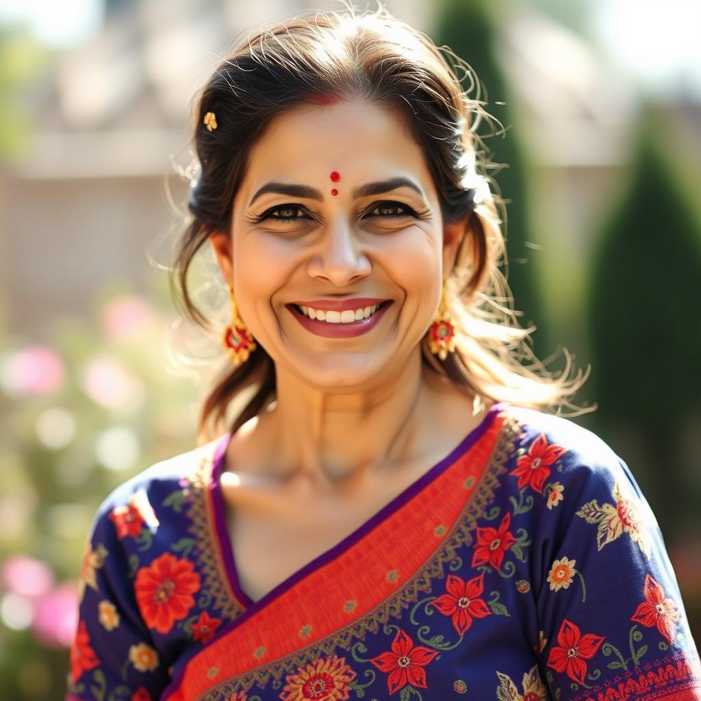 A portrait of a stylish 50-year-old Desi woman wearing a beautifully designed traditional blouse