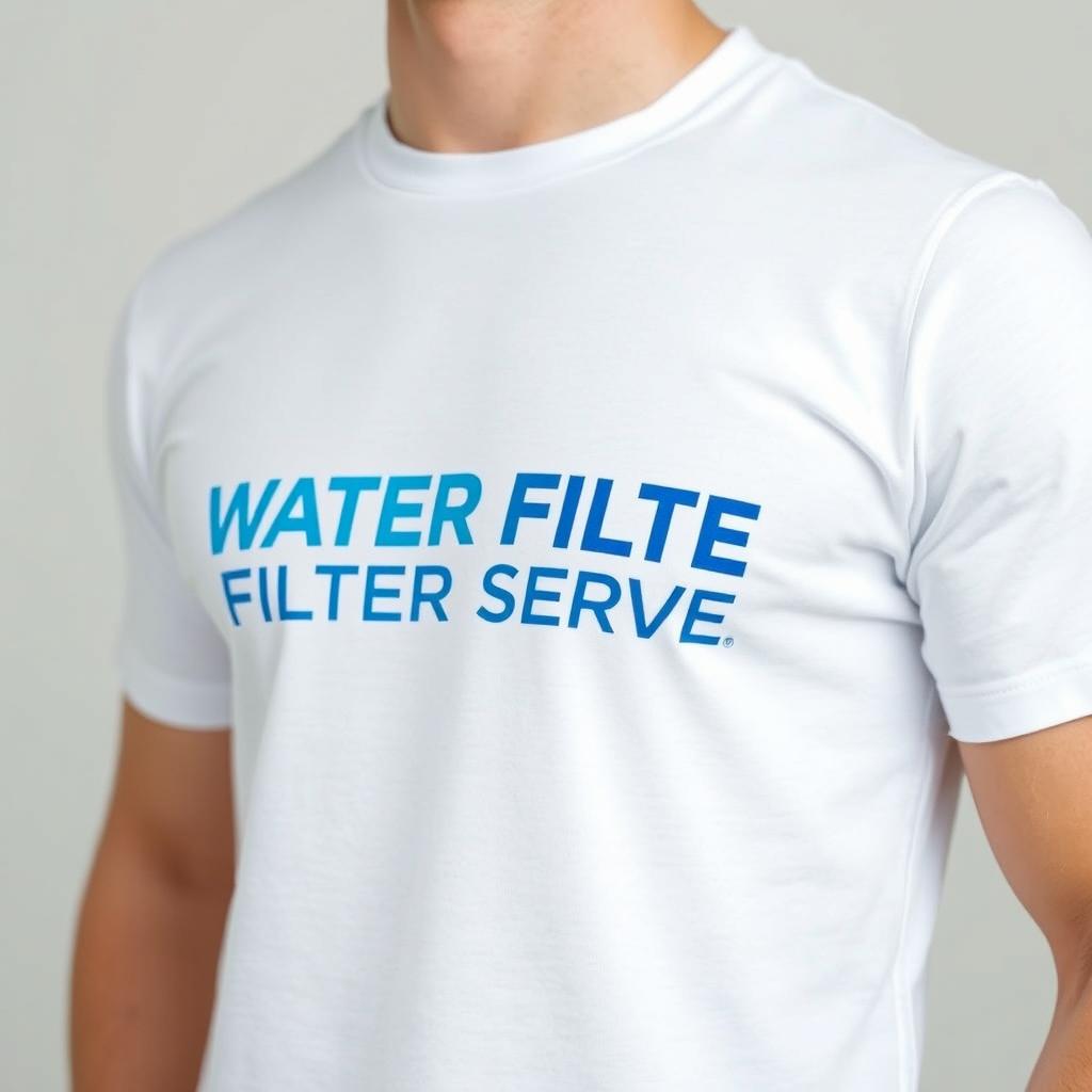 A close-up view of a clean white t-shirt, featuring bold graphics that display the text 'WATER FILTER SERVICE Professional Solutions' prominently on the chest