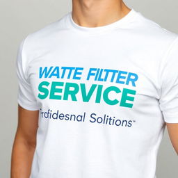 A close-up view of a clean white t-shirt, featuring bold graphics that display the text 'WATER FILTER SERVICE Professional Solutions' prominently on the chest