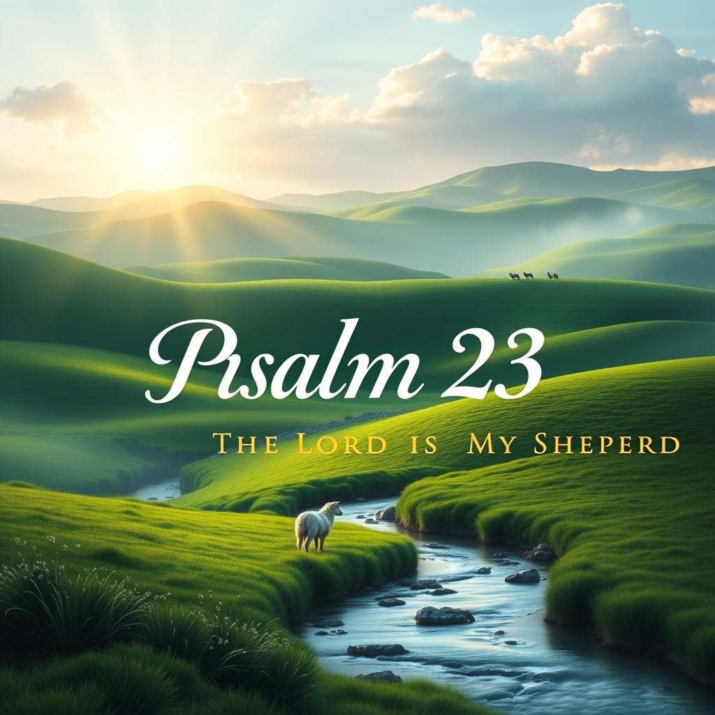 An impactful eBook cover design centered around Psalm 23, featuring serene landscapes such as lush green fields, gentle streams, and rolling hills, symbolizing peace and guidance