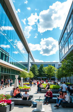 A vibrant and dynamic university campus courtyard, showcasing modern architecture with sleek glass buildings and lush greenery