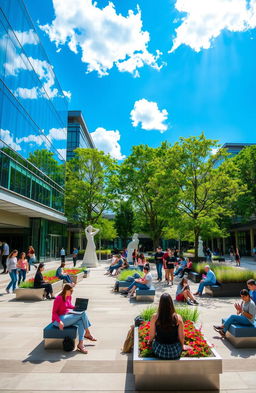 A vibrant and dynamic university campus courtyard, showcasing modern architecture with sleek glass buildings and lush greenery