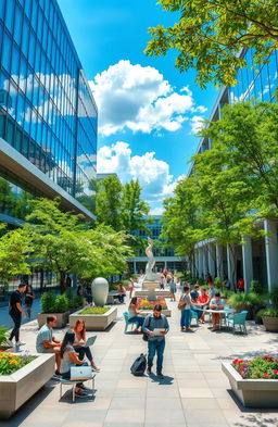 A vibrant and dynamic university campus courtyard, showcasing modern architecture with sleek glass buildings and lush greenery