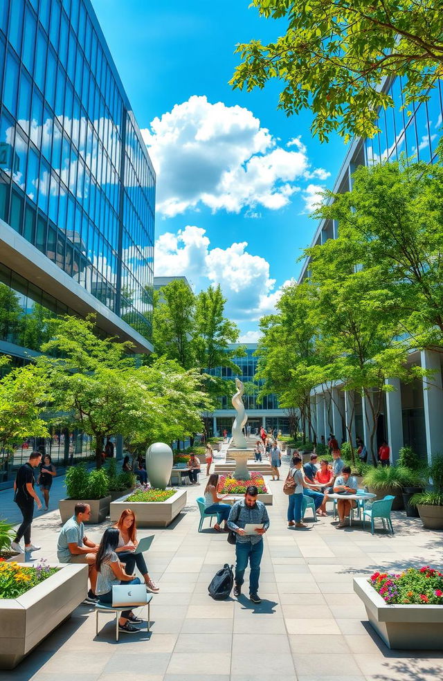 A vibrant and dynamic university campus courtyard, showcasing modern architecture with sleek glass buildings and lush greenery
