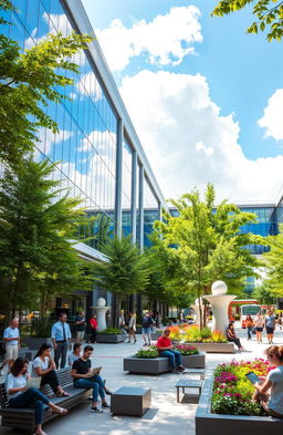 A vibrant and dynamic university campus courtyard, showcasing modern architecture with sleek glass buildings and lush greenery
