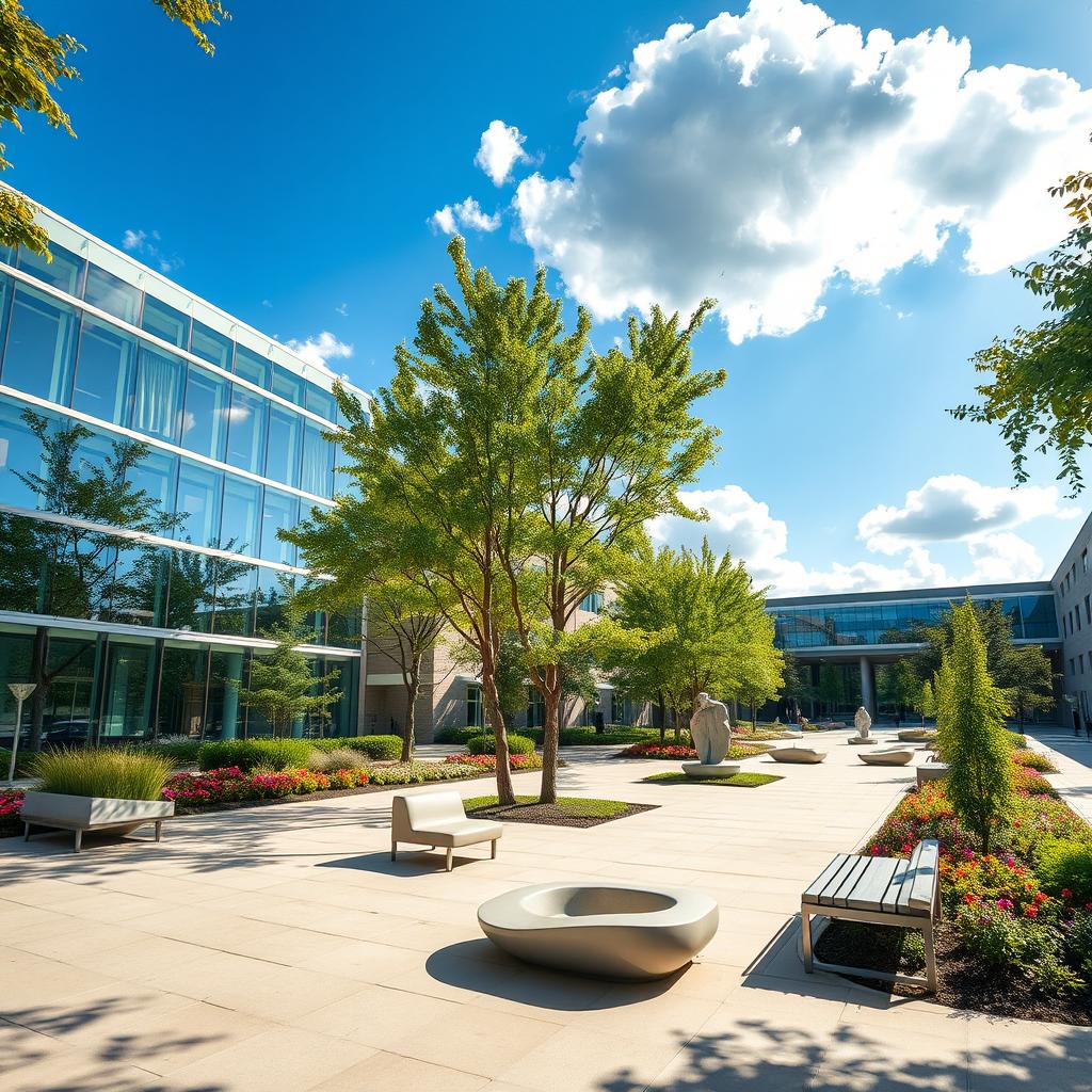 A serene and contemporary university campus courtyard, featuring modern architecture with sleek glass buildings surrounded by lush greenery