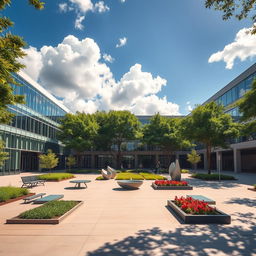 A serene and contemporary university campus courtyard, featuring modern architecture with sleek glass buildings surrounded by lush greenery