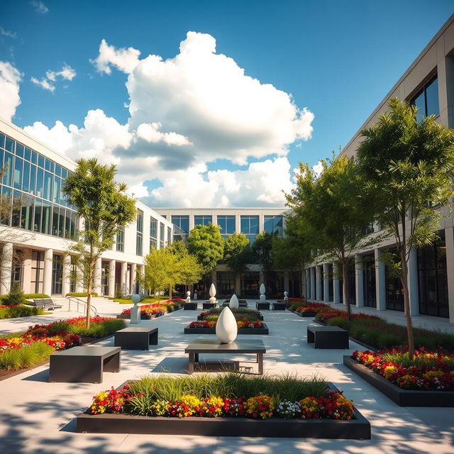 A serene and contemporary university campus courtyard, featuring modern architecture with sleek glass buildings surrounded by lush greenery