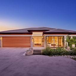 A sprawling, single-storey house featuring one master bedroom, two standard rooms, a guest room, two bathrooms, an open-plan kitchen cum living room beside a dining room, two separate workspaces, a laundry room, and a large garage for two cars extending to a grand fireplace area.