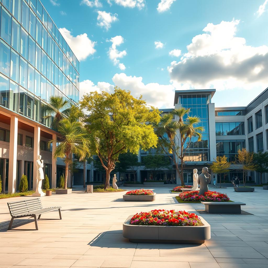 An empty and picturesque university campus courtyard, designed with modern architecture featuring sleek glass buildings