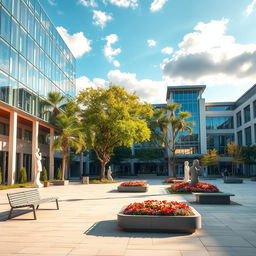 An empty and picturesque university campus courtyard, designed with modern architecture featuring sleek glass buildings