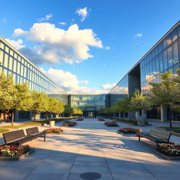 An empty and picturesque university campus courtyard, designed with modern architecture featuring sleek glass buildings