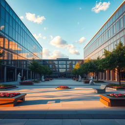 An empty and picturesque university campus courtyard, designed with modern architecture featuring sleek glass buildings