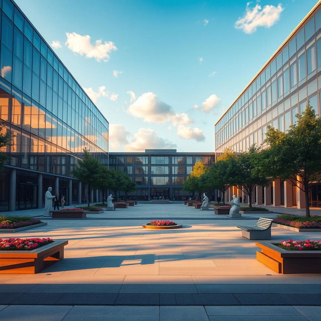 An empty and picturesque university campus courtyard, designed with modern architecture featuring sleek glass buildings