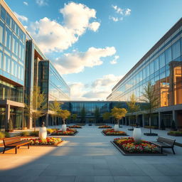 An empty and picturesque university campus courtyard, designed with modern architecture featuring sleek glass buildings