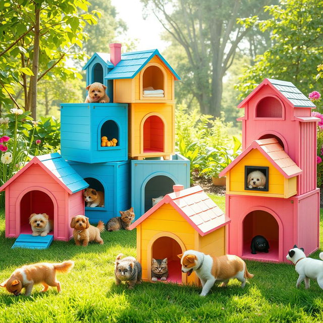 A vibrant and playful scene showcasing colorful, modular pet houses designed for small pets, such as cats and dogs