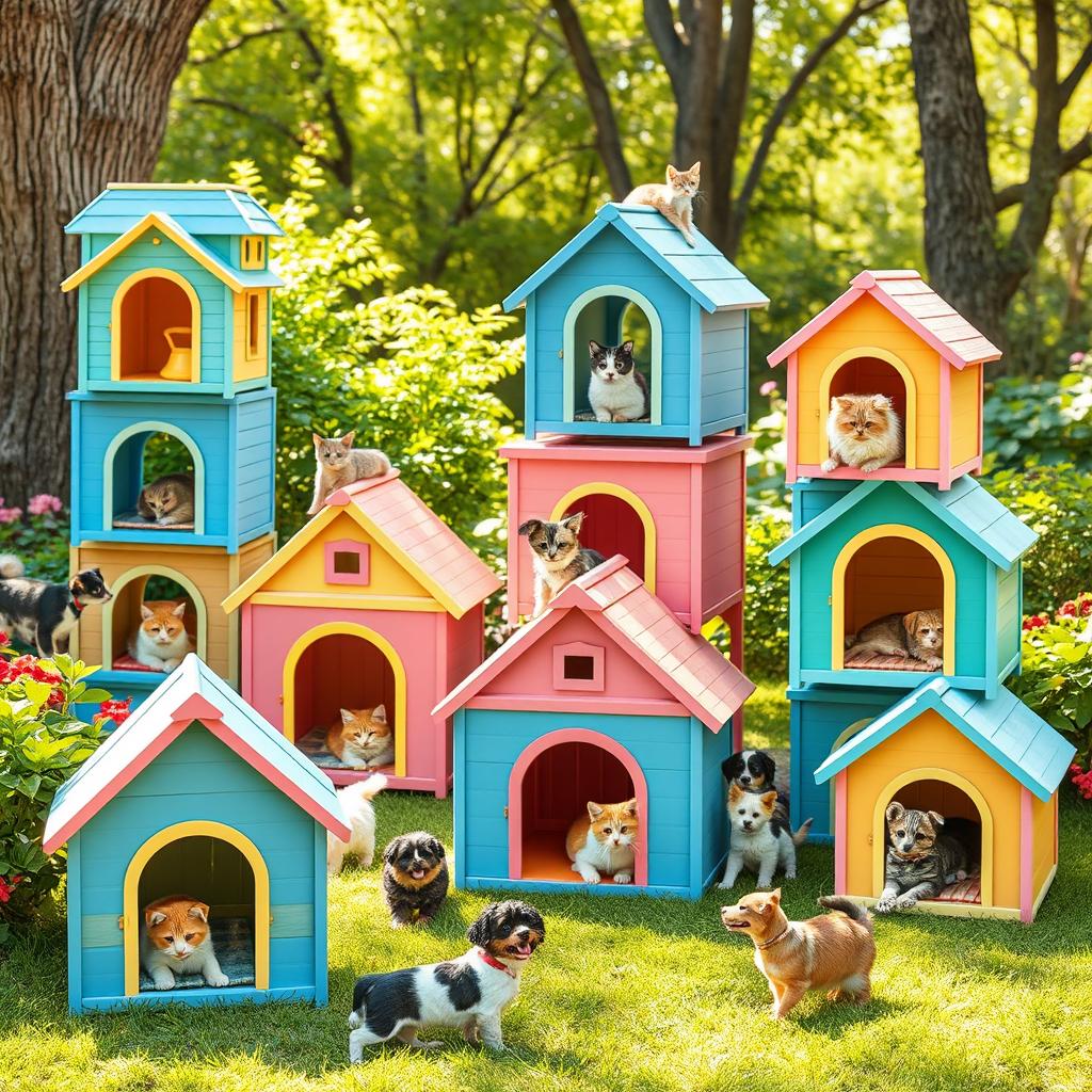 A vibrant and playful scene showcasing colorful, modular pet houses designed for small pets, such as cats and dogs