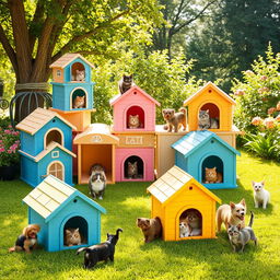 A vibrant and playful scene showcasing colorful, modular pet houses designed for small pets, such as cats and dogs
