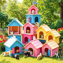 A vibrant and playful scene showcasing colorful, modular pet houses designed for small pets, such as cats and dogs