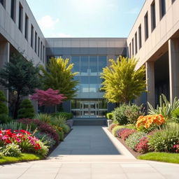 The entrance of a modern university, beautifully landscaped with a manicured garden featuring vibrant flowers, lush greenery, and ornamental trees