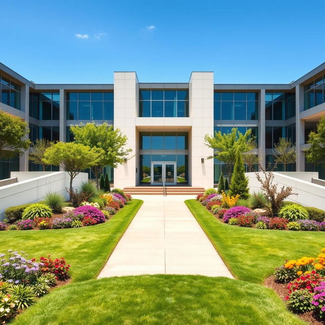 The entrance of a modern university, beautifully landscaped with a manicured garden featuring vibrant flowers, lush greenery, and ornamental trees