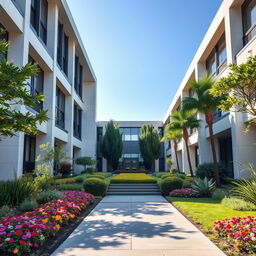 The entrance of a modern university, beautifully landscaped with a manicured garden featuring vibrant flowers, lush greenery, and ornamental trees