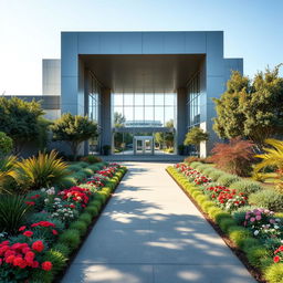 The entrance of a modern university, beautifully landscaped with a manicured garden featuring vibrant flowers, lush greenery, and ornamental trees