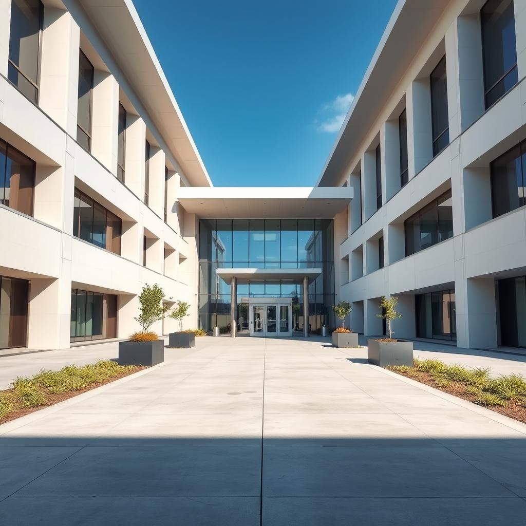 The entrance of a modern university, featuring sleek architectural design with minimalistic landscaping