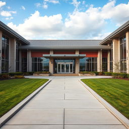The entrance of a university inspired by the architecture of 'Extraordinary You', showcasing a contemporary design with clean lines and a charming façade