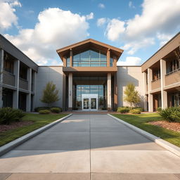The entrance of a university inspired by the architecture of 'Extraordinary You', showcasing a contemporary design with clean lines and a charming façade