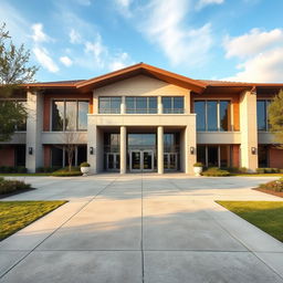 The entrance of a university inspired by the architecture of 'Extraordinary You', showcasing a contemporary design with clean lines and a charming façade