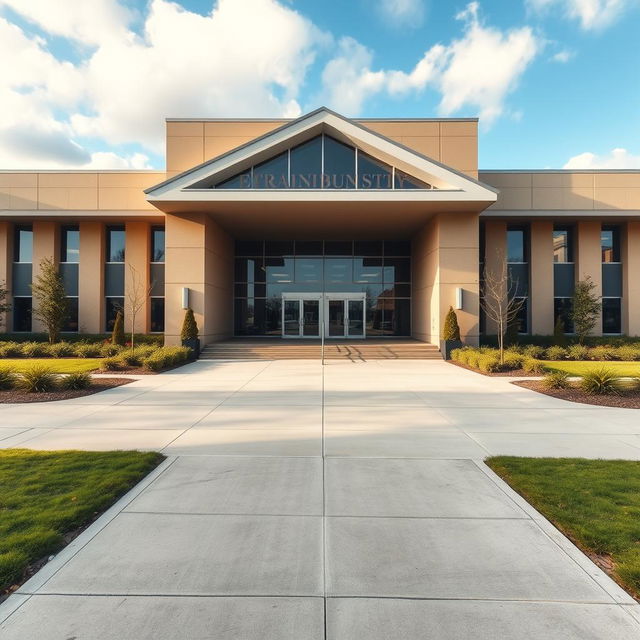 The entrance of a university inspired by the architecture of 'Extraordinary You', showcasing a contemporary design with clean lines and a charming façade