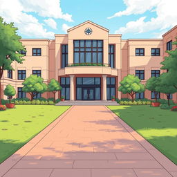 An illustrated scene of the entrance of a university inspired by the school from 'Extraordinary You', capturing its unique architectural style with modern elements