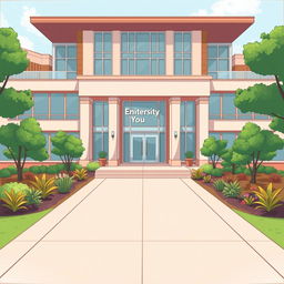 An illustrated scene of the entrance of a university inspired by the school from 'Extraordinary You', capturing its unique architectural style with modern elements