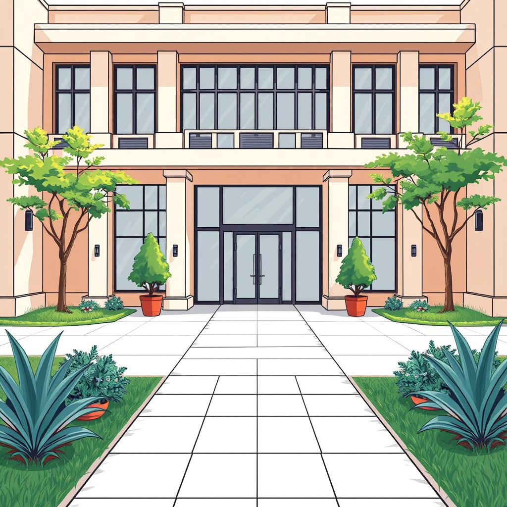 An illustrated scene of the entrance of a university inspired by the school from 'Extraordinary You', capturing its unique architectural style with modern elements