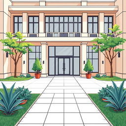 An illustrated scene of the entrance of a university inspired by the school from 'Extraordinary You', capturing its unique architectural style with modern elements