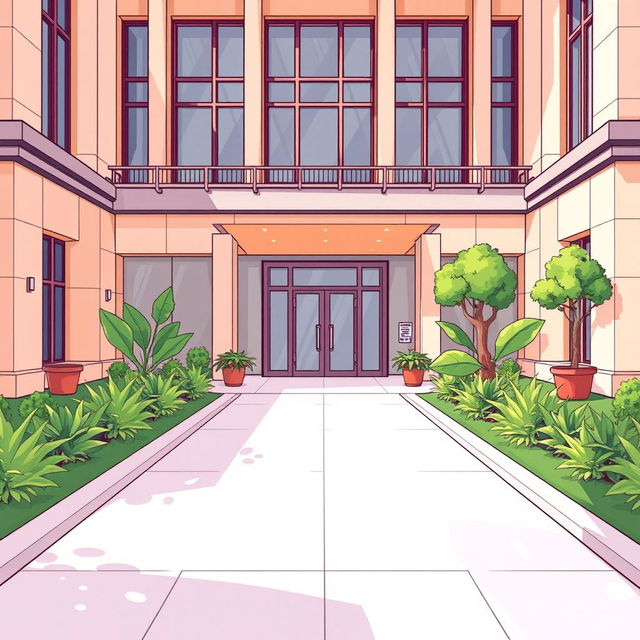 An illustrated scene of the entrance of a university inspired by the school from 'Extraordinary You', capturing its unique architectural style with modern elements