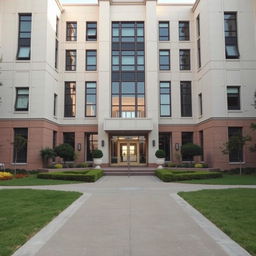 The entrance of a university reminiscent of the school from 'Extraordinary You', capturing an elegant and modern architectural style
