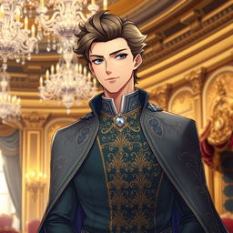A handsome noble man, elegantly dressed in an ornate, aristocratic outfit with intricate embroidery and a flowing cape