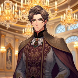 A handsome noble man, elegantly dressed in an ornate, aristocratic outfit with intricate embroidery and a flowing cape